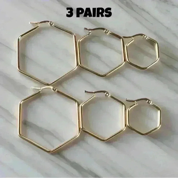 Hexagonal Gold-plated Hoops 3 pair set - Picture 2 of 4